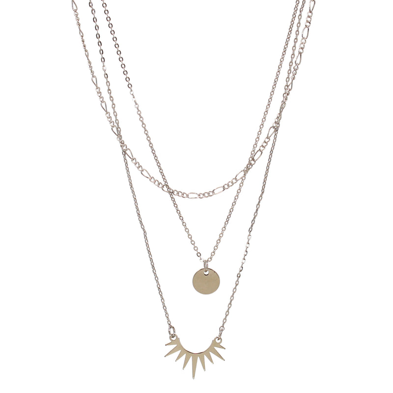 Triple chain Necklace with Disc and Sunburst Pendants