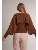 Brushed Knit Layered Cape Sweater Top - Chocolate