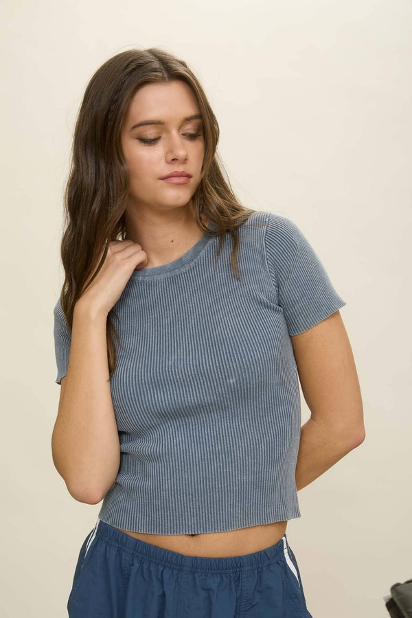 Washed Ribbed Short Sleeve Cropped Knit Tee
