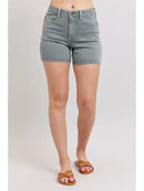 High Waisted Stone Blue Back Pocket Embroidery Shorts