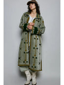 Side Slits Longline Embroidered Velvet Duster Jacket -Olive