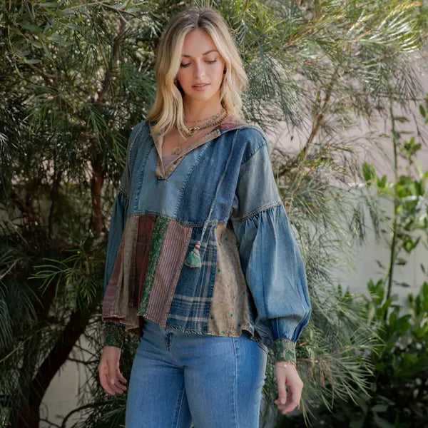 Relaxed Waist-Length Denim Hoodie with Eclectic Plaid Fusion