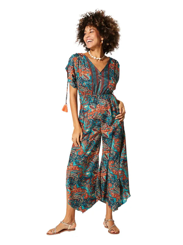 3/4 Sleeve Asymmetric Summer Jumpsuit V-Neck -Teal & Rust