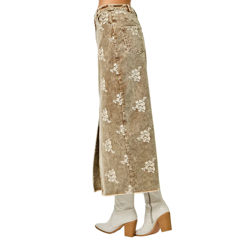 Embroidered Front Slit Corduroy Skirt