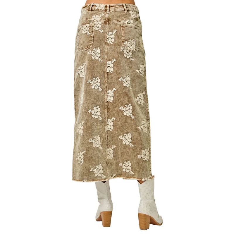 Embroidered Front Slit Corduroy Skirt