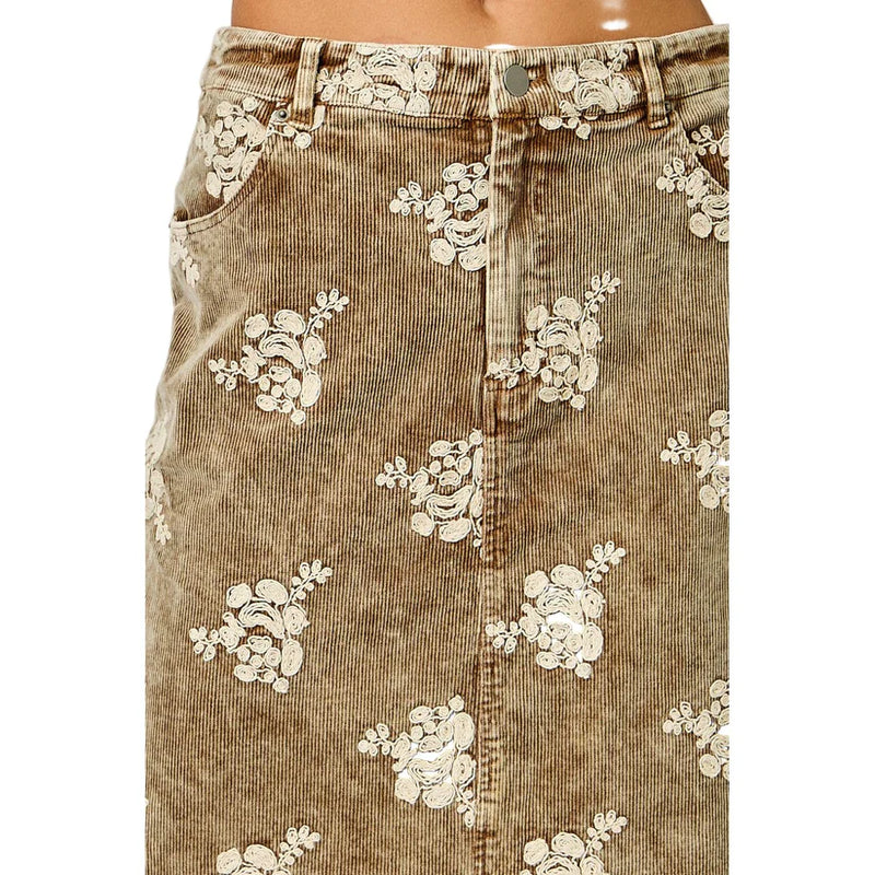 Embroidered Front Slit Corduroy Skirt