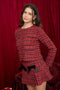 Plaid Velvet Bow Tie Detail Pleated Mini Skirt- Burgundy
