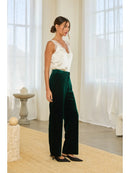 High-Waisted Wide-Leg Velvet Pants- Hunter Green
