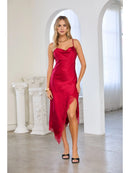 Sleeveless Satin Slip Dress with Lace Detail- Red