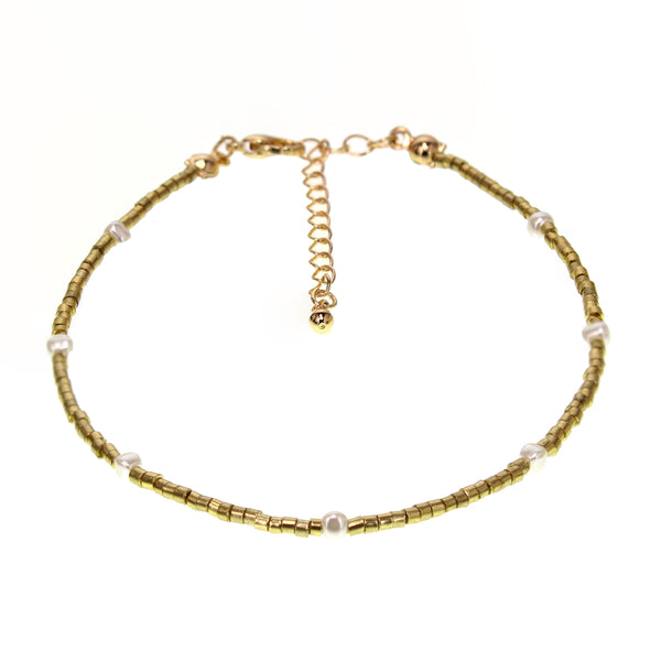 Metallic Seed Bead Anklet with Stationed Faux Pearls