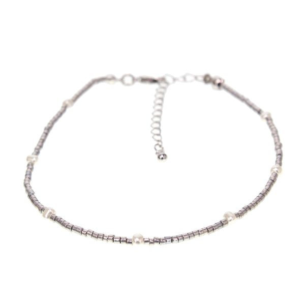 Metallic Seed Bead Anklet with Stationed Faux Pearls