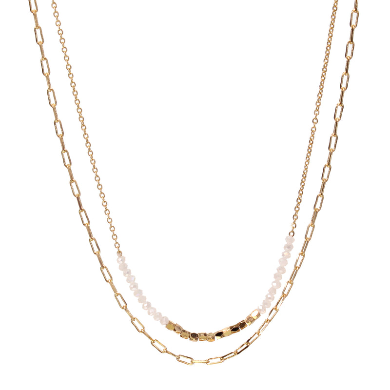 Delicate Double Chain Necklace with Crystal & Gold Beads