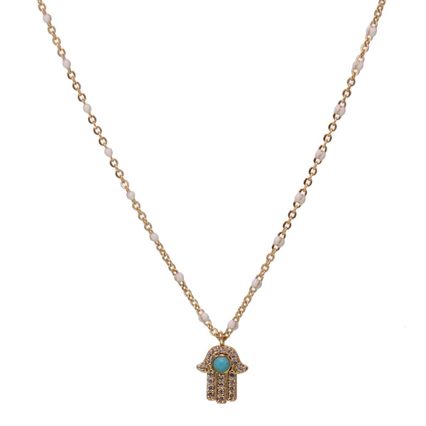 Fine Chain Necklace with Tiny Crystal Hamsa Pendant