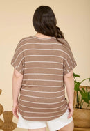 Stripe V Neck Cuffed Short Sleeve Knit Top- Mocha