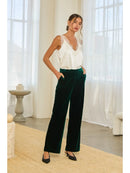 High-Waisted Wide-Leg Velvet Pants- Hunter Green