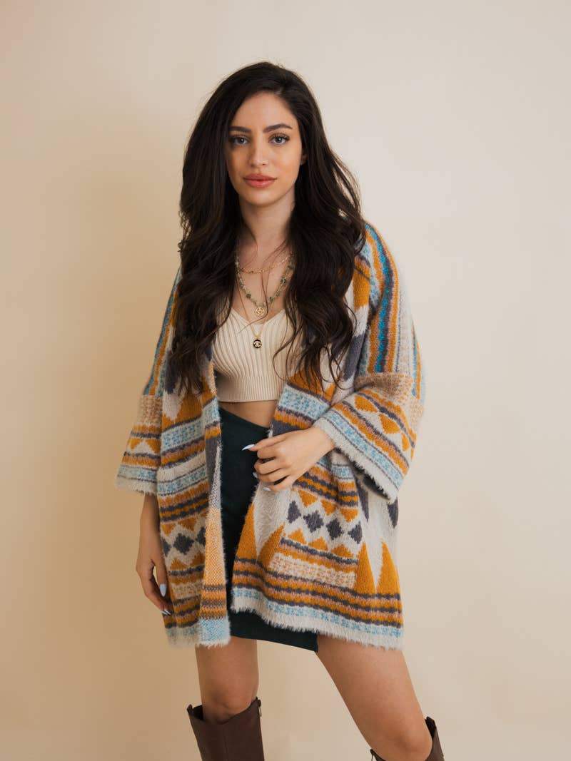 Boho Faux Fur Ruana Wrap with Cozy Pockets - Tribal Cardigan