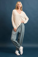 Slub Knit Exposed Seam Long Sleeve Top