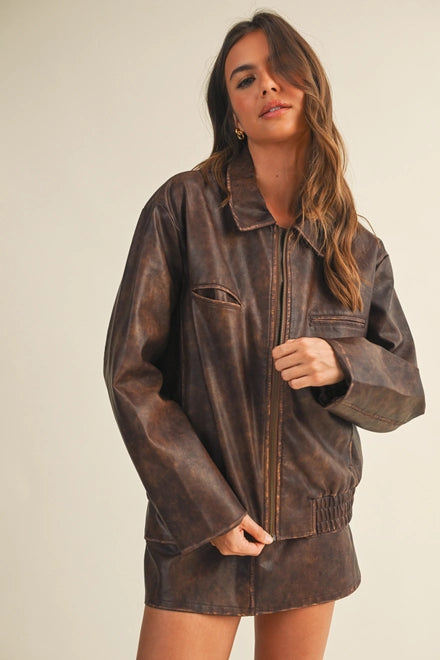 Washed Leather Zip Up Jacket