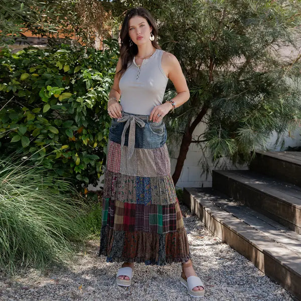 Western Boho Chic: Patchwork Belted Skirt- Vintage