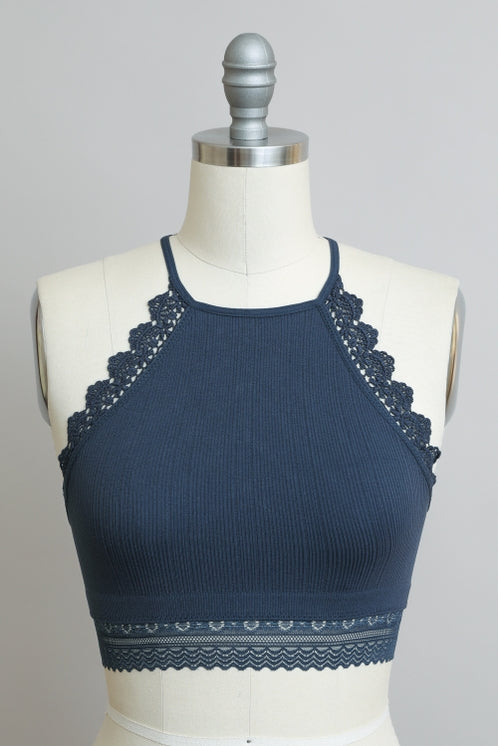 Grey/Blue High Neck Crochet Lace Trim Bralette