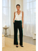 High-Waisted Wide-Leg Velvet Pants- Hunter Green