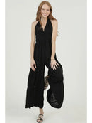 V Neck Halter Acid Wash Jumpsuit with Lace Insets