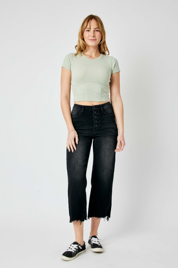 Judy Blue High Waist Raw Hem Crop Black Jeans