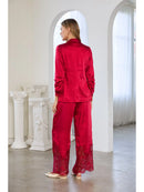 Three-Quarter Sleeve Satin Blazer with Lace Detail- Red
