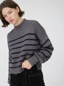 Striped Mock Neck Drop Shoulder Knit Sweater- Charcoal