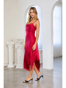 Sleeveless Satin Slip Dress with Lace Detail- Red