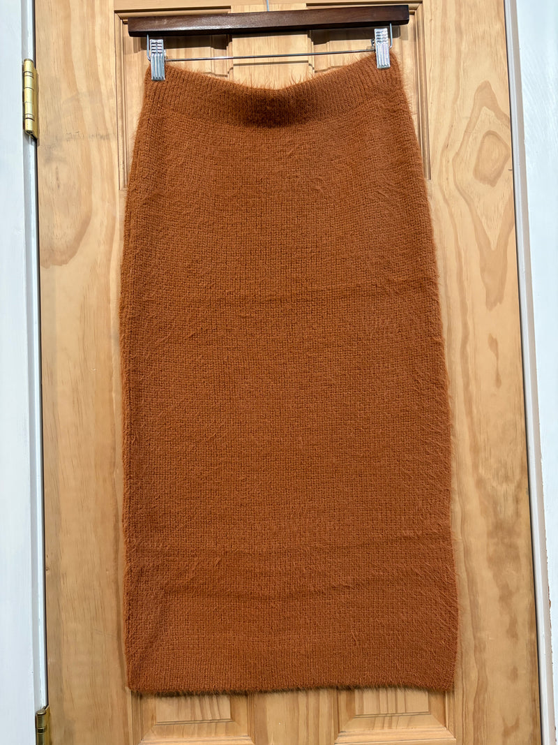Fuzzy Knit Side Slit Sweater Skirt- Camel