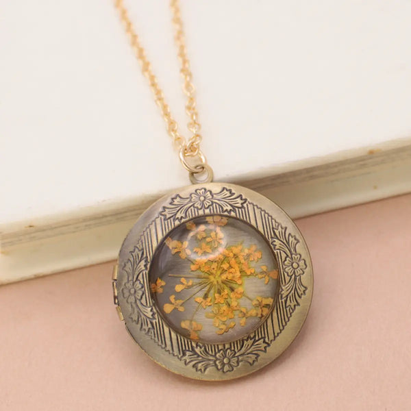 Vintage Yellow Dried Flower Locket Necklace
