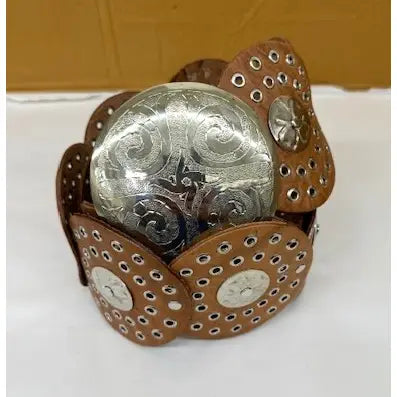 Leather Disc Belt Silver/ Tan