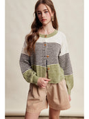 Striped Color Block Button Front Cardigan- Olive