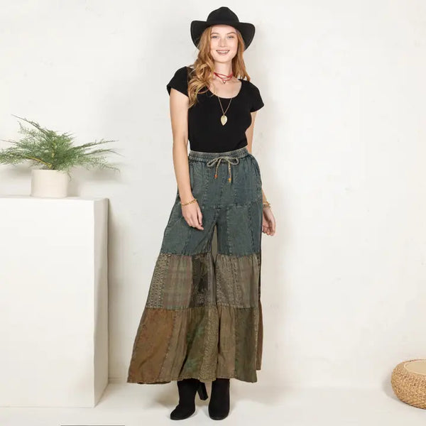Boho Chic Tiered Patch Inserted Denim & Knit Pants