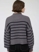 Striped Mock Neck Drop Shoulder Knit Sweater- Charcoal