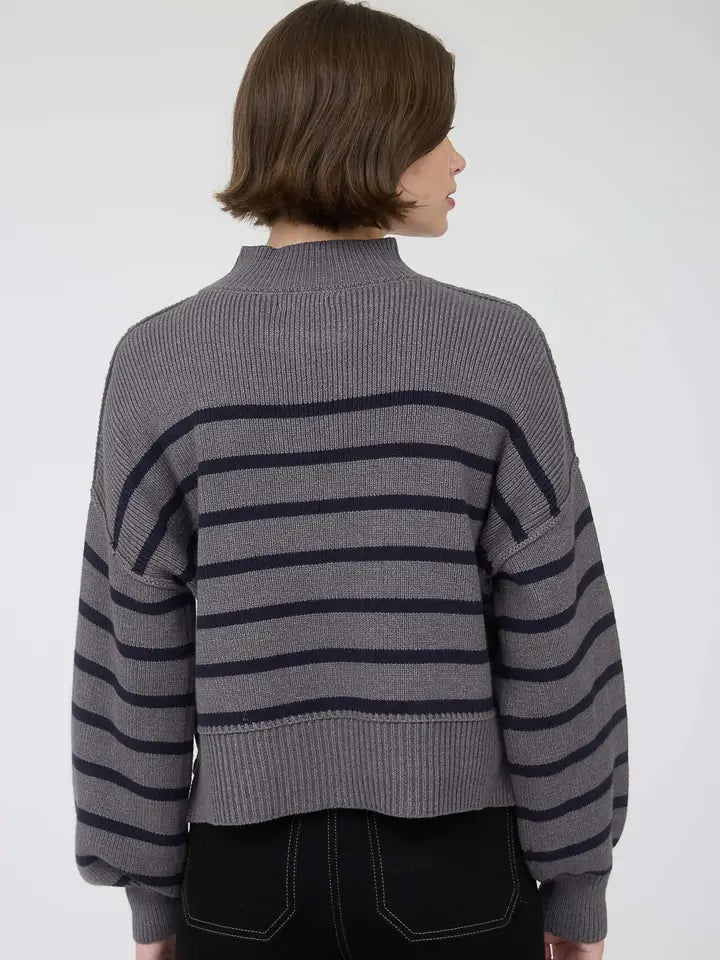 Striped Mock Neck Drop Shoulder Knit Sweater- Charcoal