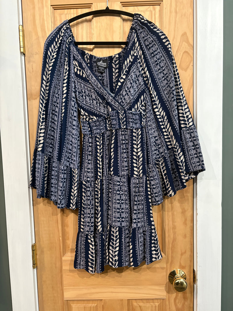 Silver Lurex Bell Sleeve Dress with Crochet Detail Neckline