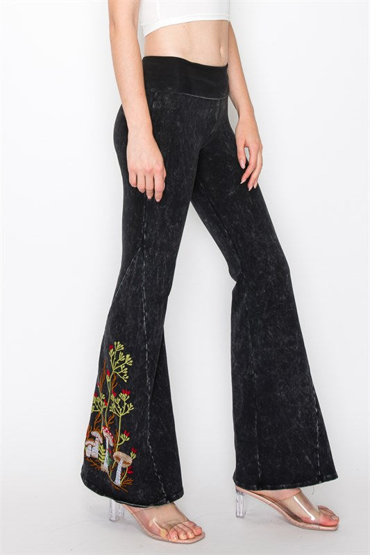 Mushroom Embroidered Bell Bottom Mineral Washed Pant