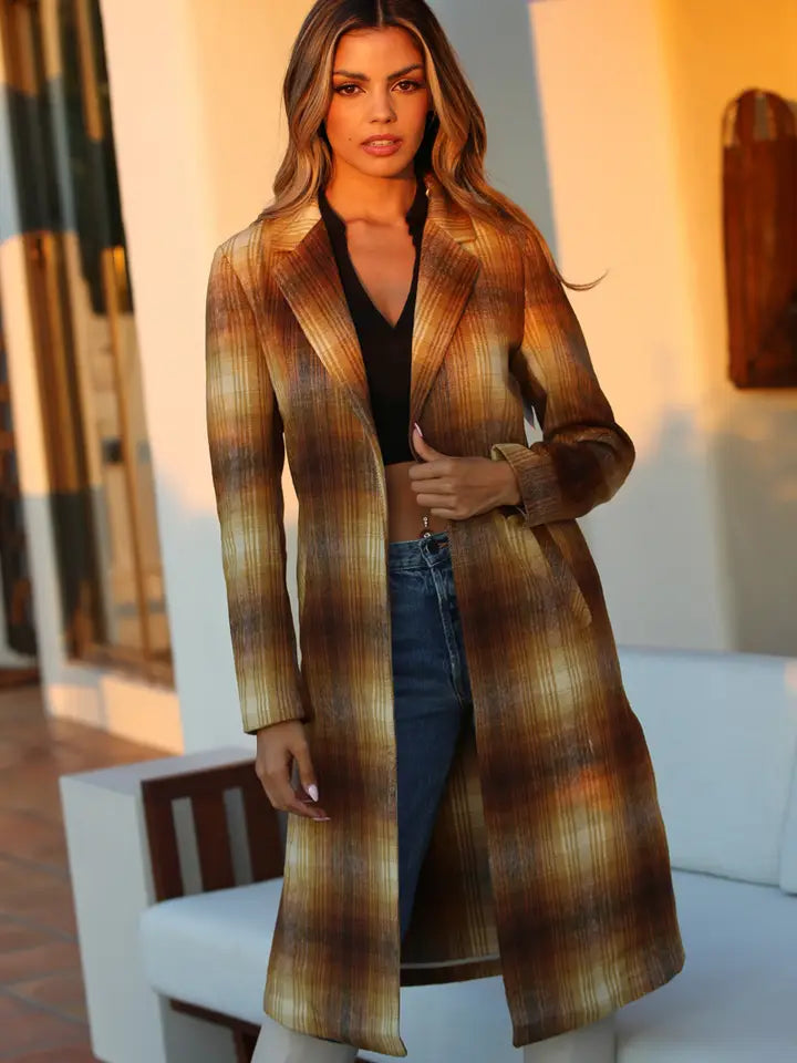 Brushed Plaid Trench - Mustard