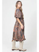 Smocked Bodice Half Sleeve Midi Dress with Hanky