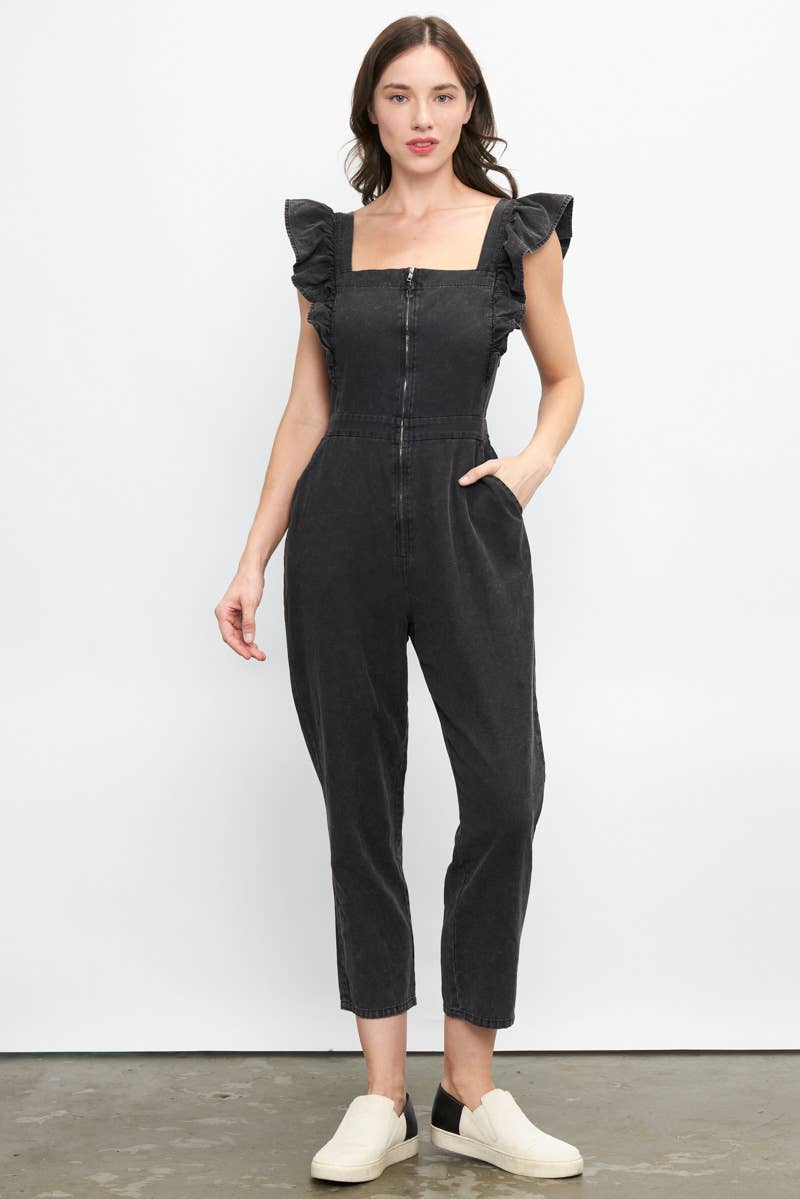 Ruffled Washed Cotton Jumpsuit with Front Zipper