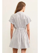 Stand Up Collar Pleated Waist Flare Denim Dress- Denim