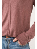 Slubby Casual V-Neck Split Long Sleeve Top w/ Raw Edge