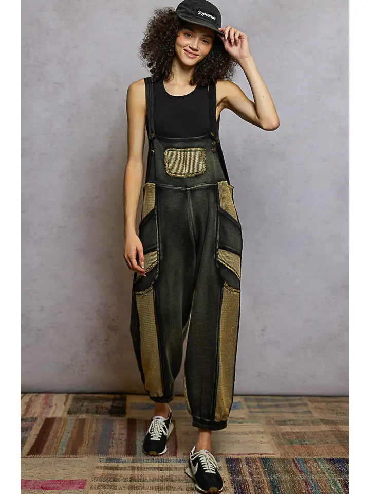 French Terry Loose Fit Knit Overalls with Contrast Panels