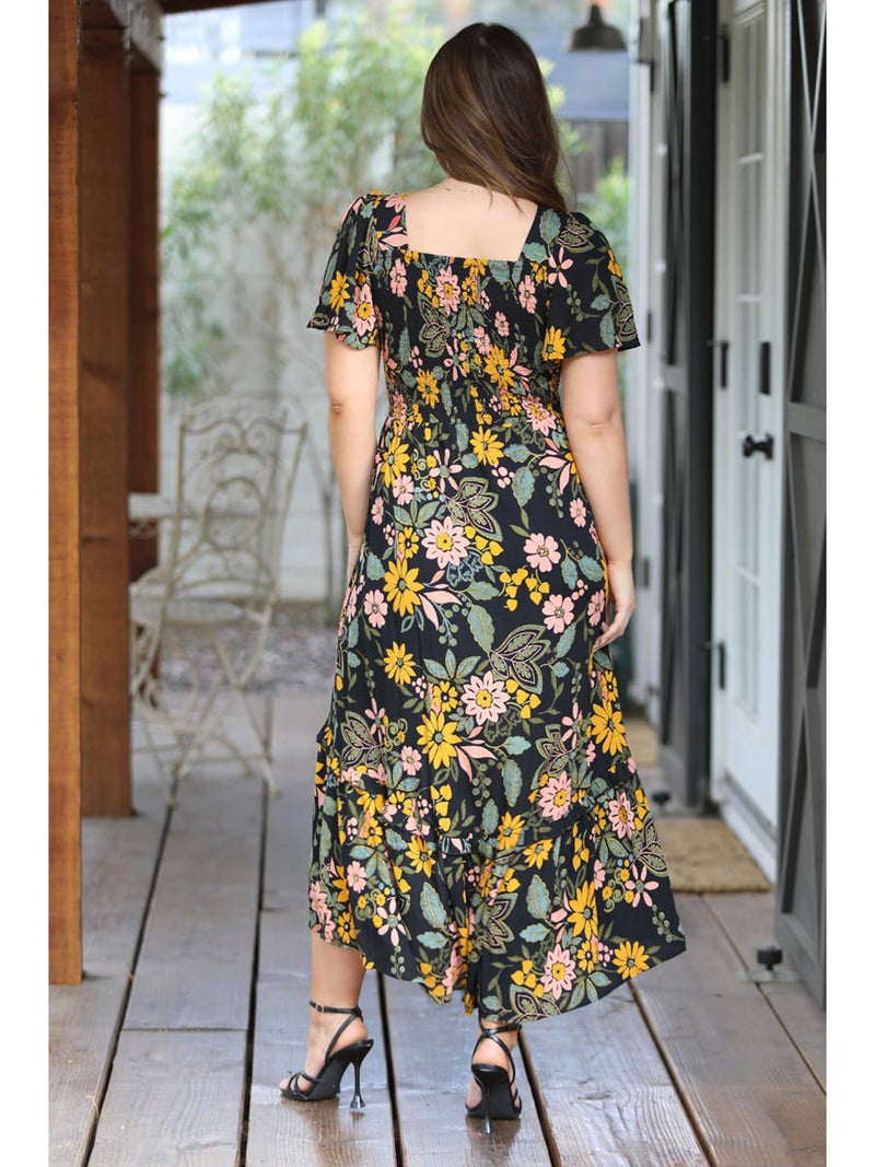 V Neck Twist Front Cut Out Dress Black Floral