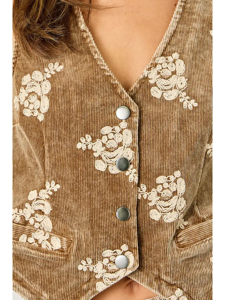 Embroidered Corduroy Vest- Washed Toffee