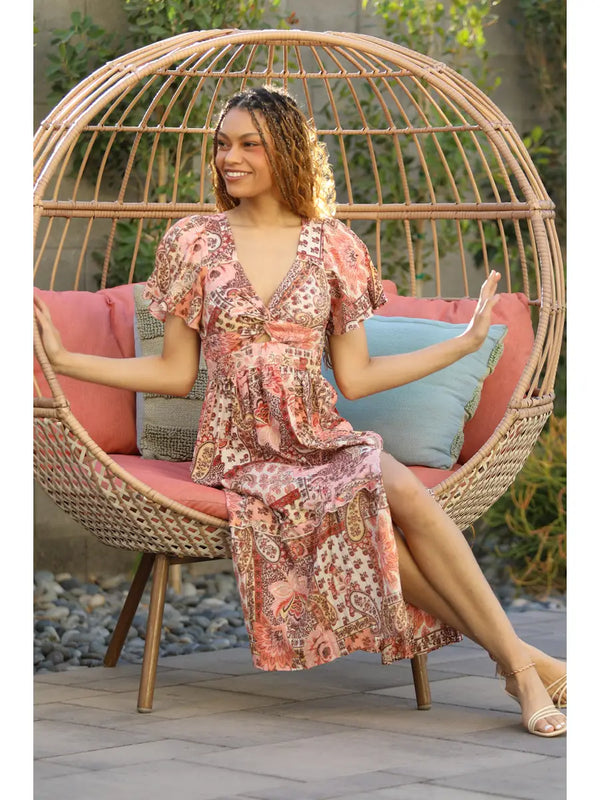 Neck Twist Front Short Sleeve Dress Pink Paisley