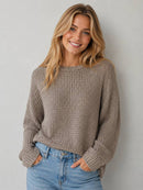 Knit Bat Sleeve Crew Knit Crop Sweater - Taupe