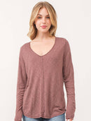 Slubby Casual V-Neck Split Long Sleeve Top w/ Raw Edge